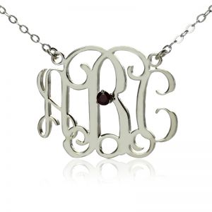 Personalized Sterling Silver Monogram Necklace With One Birthstone