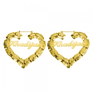 Custom Bamboo Heart Earrings with Name Personalized Heart Hoop Earrings Classic Hoops