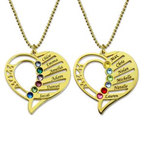 Engraved Heart Mother Birthstones Necklace Gold Plated Silver