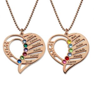 Engraved Heart Mother Birthstones Necklace In Rose Gold