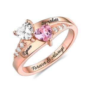 Engraved Double Heart Birthstone Ring In Rose Gold