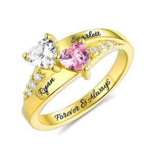 Engraved Double Heart Birthstone Ring Gold Plated