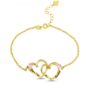 Custom Double Heart Engraved Bracelet Gold Plated