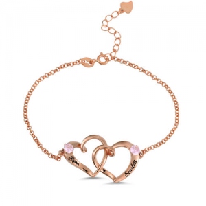 Custom Double Heart Engraved Name Bracelet In Rose Gold