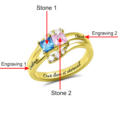 Custom Engraved Two Birthstones Ring Gold Plated