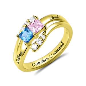 Custom Engraved Two Birthstones Ring Gold Plated