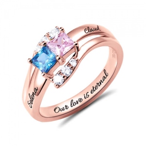 Custom Engraved Two Birthstones Ring In Rose Gold
