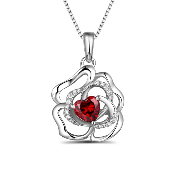 Custom Rose Flower Necklace With Heart Birthstone