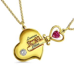 Key to My Heart Birthstone Necklace For Mother And Daughter Gold Plated