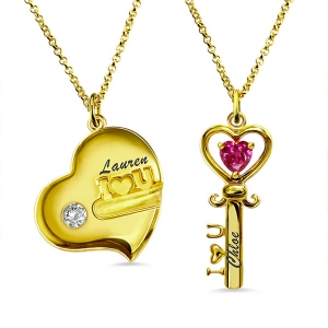 Key to My Heart Birthstone Necklace For Mother And Daughter Gold Plated
