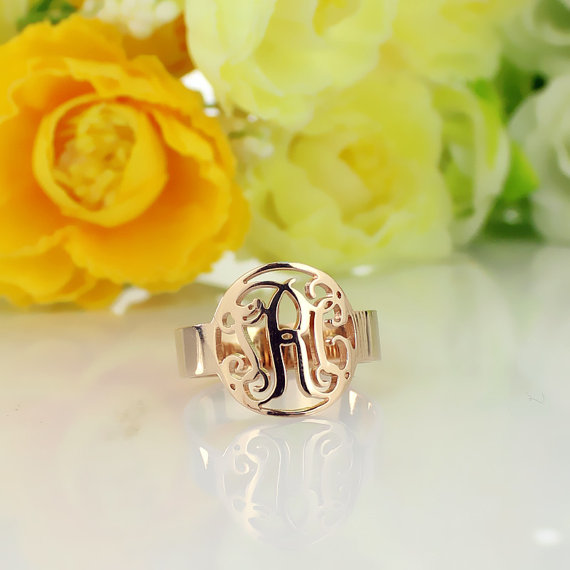 Circle Monogram Ring Name Initial Monogrammed Ring Rose Gold -0.59"