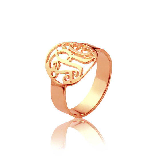 Circle Monogram Ring Name Initial Monogrammed Ring Rose Gold -0.59"