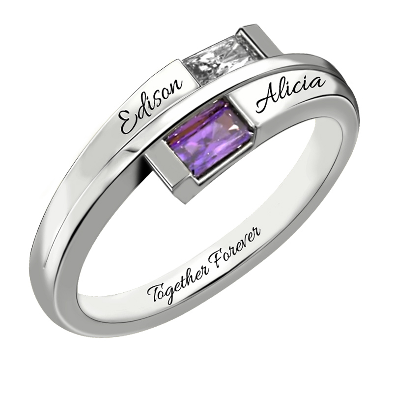 Custom Engraved Two Birthstones Ring in Rose Gold Promise Jewelry Gift for Her