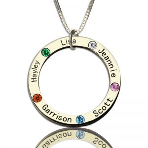 Silver Circle Family Necklace with 5 Names & Birthstones