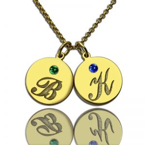 Engraved Initial & Birthstone Disc Charm Necklace 18k Gold Plated