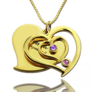 His & Her Birthstone Heart Name Necklace 18k Gold Plated