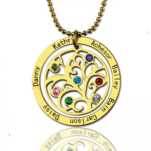 Round Family Tree with 7 Birthstones & Names Necklace In Gold