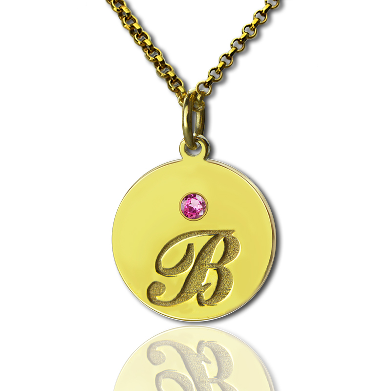 Engraved Initial & Birthstone Disc Charm Necklace 18k Gold Plated