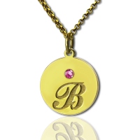 Engraved Initial & Birthstone Disc Charm Necklace 18k Gold Plated