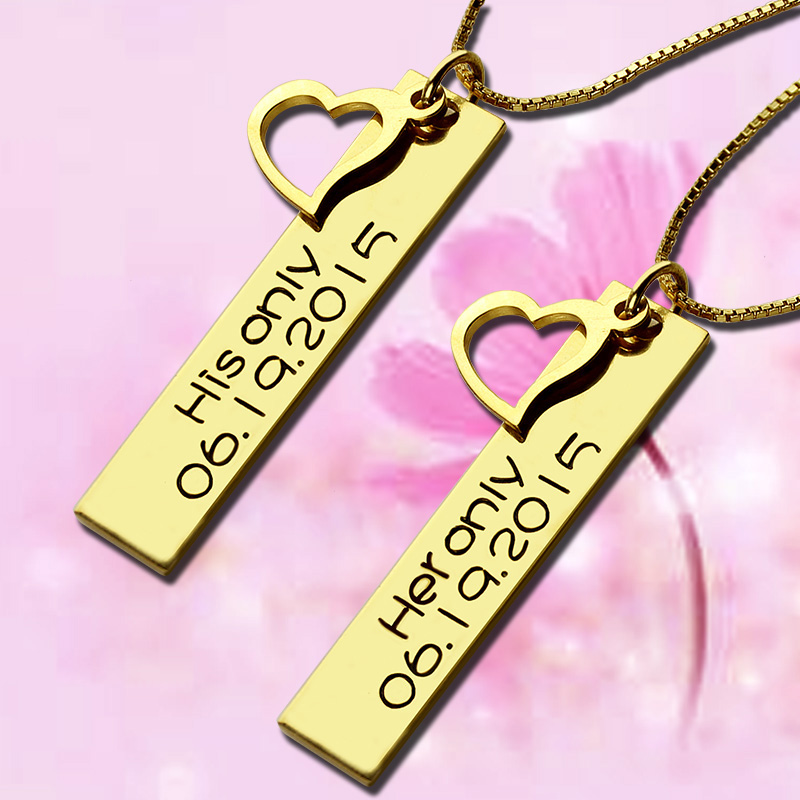 Couples Bar Necklace Engraved Name & Date 18K Gold Plated