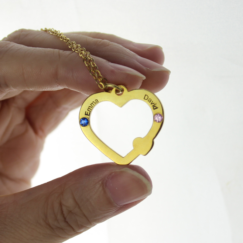 18k Gold Open Heart Necklace with Double Name & Birthstone