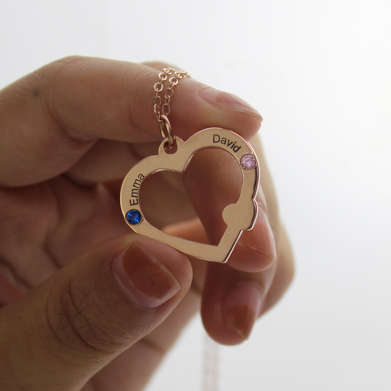 Open Heart Necklace with Name & Birthstone Rose Gold
