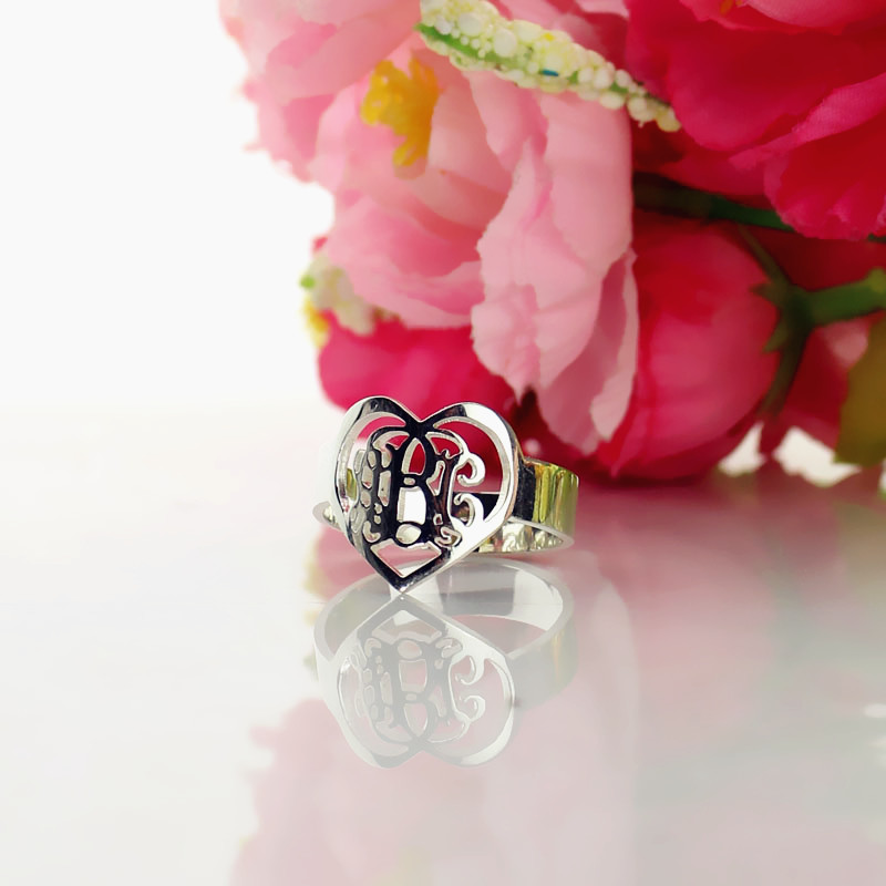 Custom Heart Ring With 3 Handmade Monogram Initials Silver