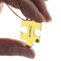 Matching Puzzle Necklace for Couple With Name & Birthstone Gold Plate