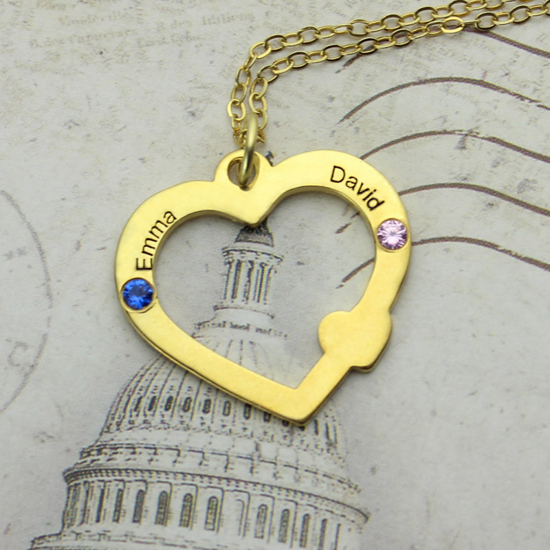 18k Gold Open Heart Necklace with Double Name & Birthstone