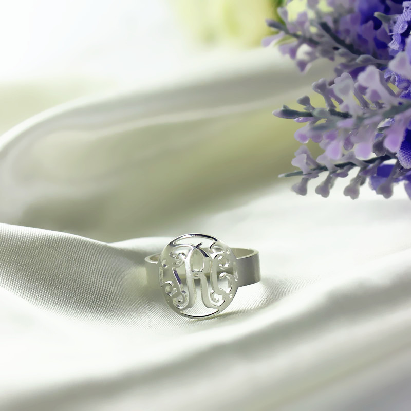 Circle Monogram Ring Name Initial Monogrammed Ring Silver -0.59"