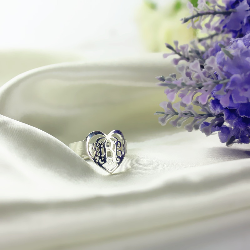 Custom Heart Ring With 3 Handmade Monogram Initials Silver