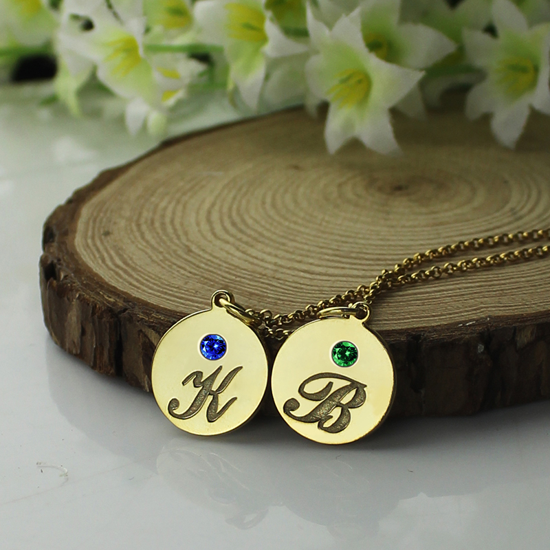 Engraved Initial & Birthstone Disc Charm Necklace 18k Gold Plated