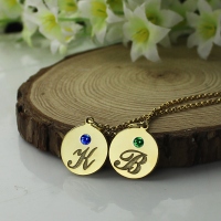 Engraved Initial & Birthstone Disc Charm Necklace 18k Gold Plated