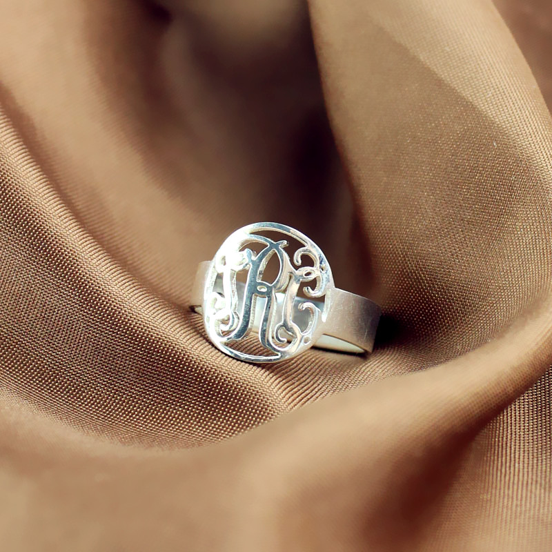 Circle Monogram Ring Name Initial Monogrammed Ring Silver -0.59"