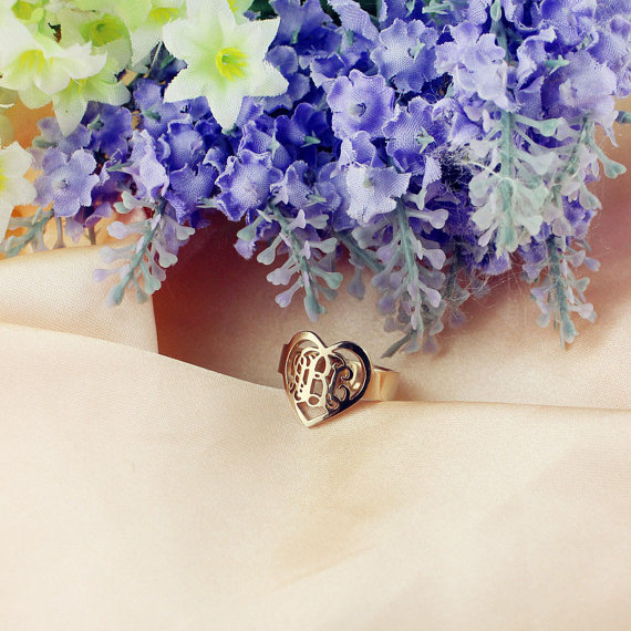 Handmade 3 Initials Monogram Ring Heart Shape Initials Ring Rose Gold